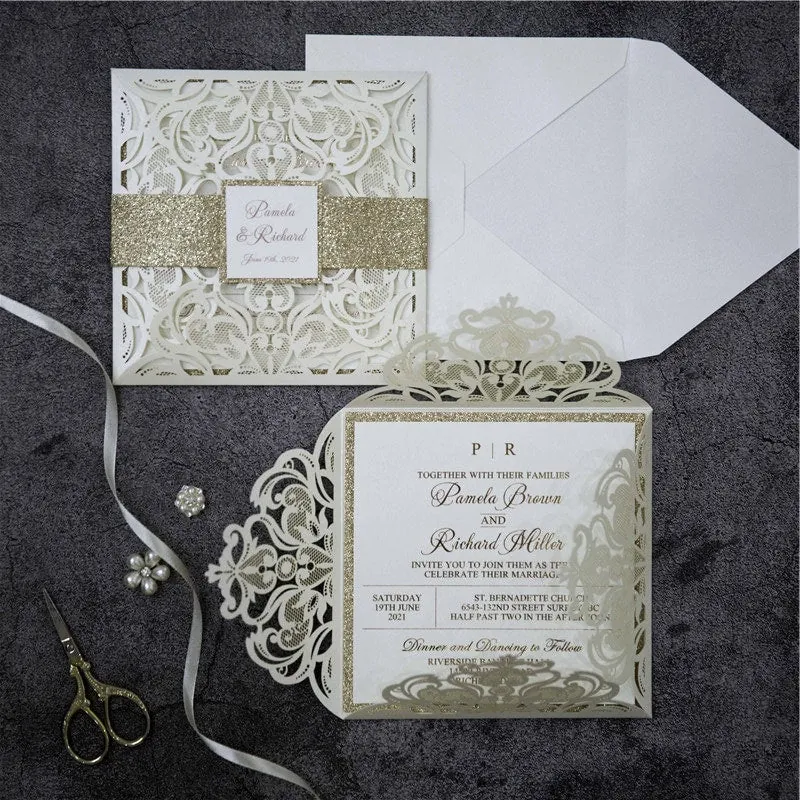 Ivory lasercut wedding invitation with rose gold glitter details